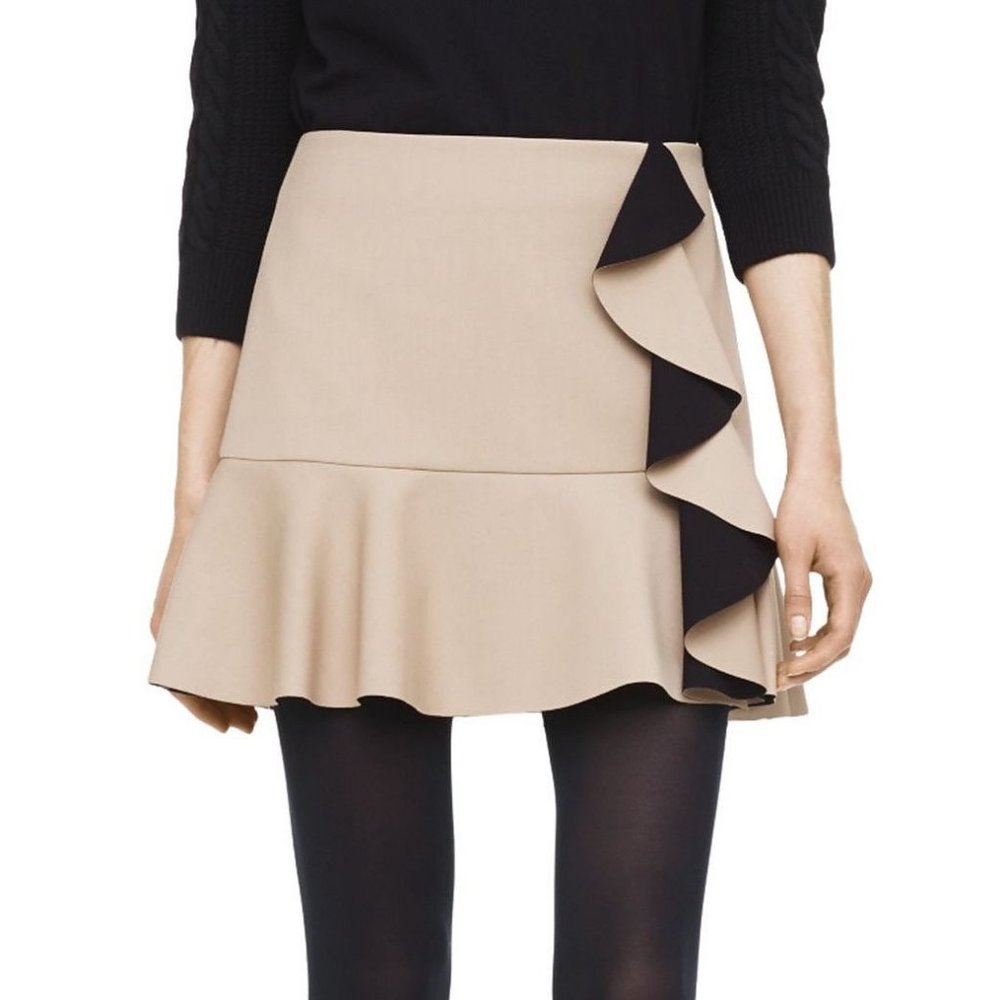 Club Monaco Paola Mini Skirt Crepe Ruffle Tan Camel Nude Black Contrast Flare 6